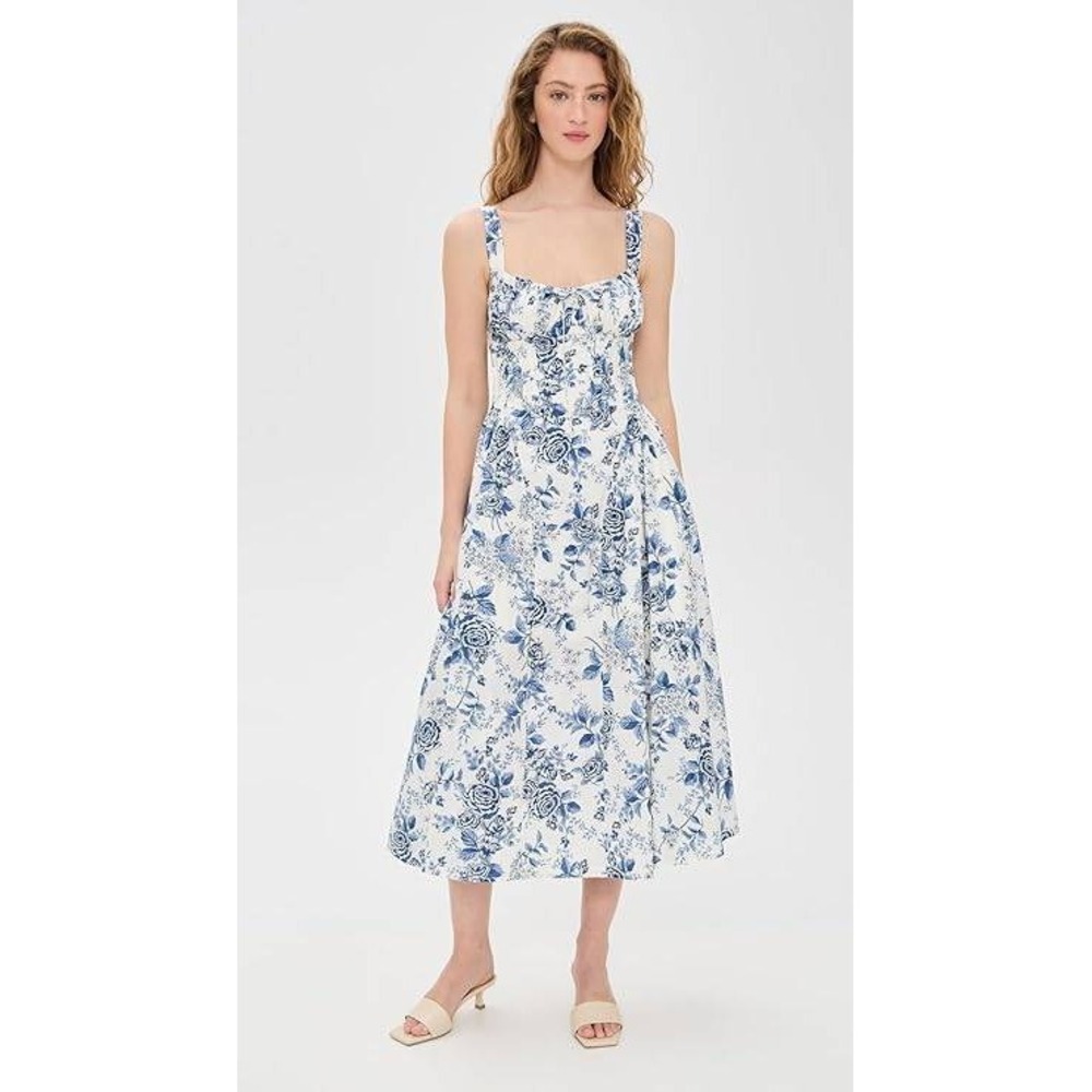 Moon River Women Blue White Floral Toile Corset Midi Dress Sweetheart Neck L NWT